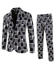 A two-piece suit featuring a blazer and trousers with a black and white geometric digital print.