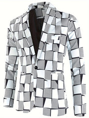 A single-button blazer featuring a black and white geometric digital print pattern.