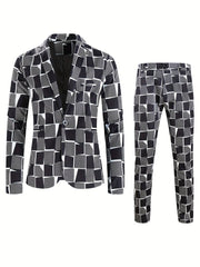 A two-piece suit featuring a blazer and trousers with a black and white geometric digital print.