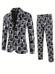 A two-piece suit featuring a blazer and trousers with a black and white geometric digital print.