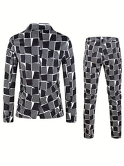 A two-piece suit featuring a blazer and trousers with a black and white geometric digital print.