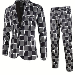 A two-piece suit featuring a blazer and trousers with a black and white geometric grid print.