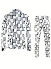 A two-piece suit featuring a blazer and trousers with a black and white geometric digital print.