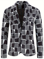 A single-breasted blazer with a black and white geometric digital print and a notched lapel.