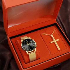 A gold-tone quartz watch with a black dial and mesh strap paired with a matching cross necklace.