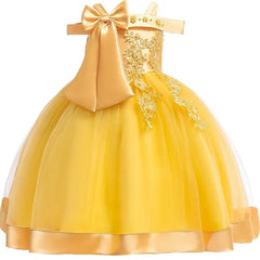 Showlu Fashion Store 0 6T 130 / yellow 3-10 Years Kids Christmas Party Dresses For Girls Appliques Flower Elegant Wedding Dress With Bow Children Birthday Prom Gown