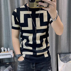 Showlu Fashion Store 0 Black 102 / US EU XXS(52kg)Tag M 3 Color Short Sleeve Knitting T-Shirt Men Slim Streetwear Color Contrast T Shirt Men Tee Shirt Homme Social Club Outfits Tshirt
