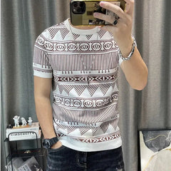 Showlu Fashion Store 0 White 103 / US EU XXS(52kg)Tag M 3 Color Short Sleeve Knitting T-Shirt Men Slim Streetwear Color Contrast T Shirt Men Tee Shirt Homme Social Club Outfits Tshirt