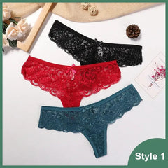 Three pairs of 3 Pcs Woman Panties Sexy Lace Thong Underwear (black, red, teal) are displayed on a white surface with decorative accents; the image is labeled Style 1 in the corner.