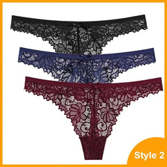 Three pairs of 3 Pcs Woman Panties Sexy Lace Thong Underwear are stacked in black, navy blue, and burgundy. Each low-waist G-string has a floral lace pattern with a front bow. The image features a yellow border and "Style 2" at the bottom right.