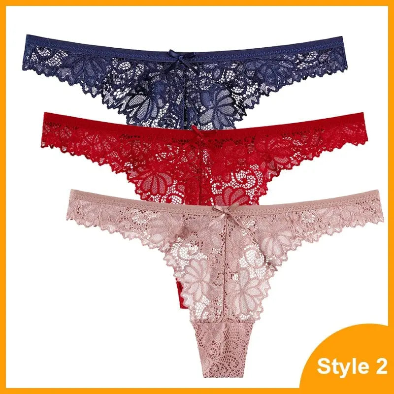 Three pairs of 3 Pcs Woman Panties Sexy Lace Thong Underwear, low waist and transparent G-string, in navy blue, red, and beige are stacked on a white background with an orange border and a "Style 2" label in the bottom right.