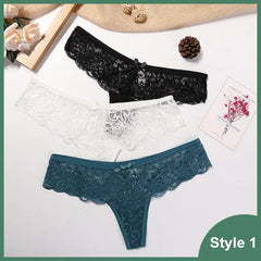Three pairs of Style 1 low waist lace G-string panties in black, white, and teal are shown on a white background with flowers, a pinecone, and a card. Product: 3 Pcs Woman Panties Sexy Lace Thong Underwear Female T-back Transparent G String.