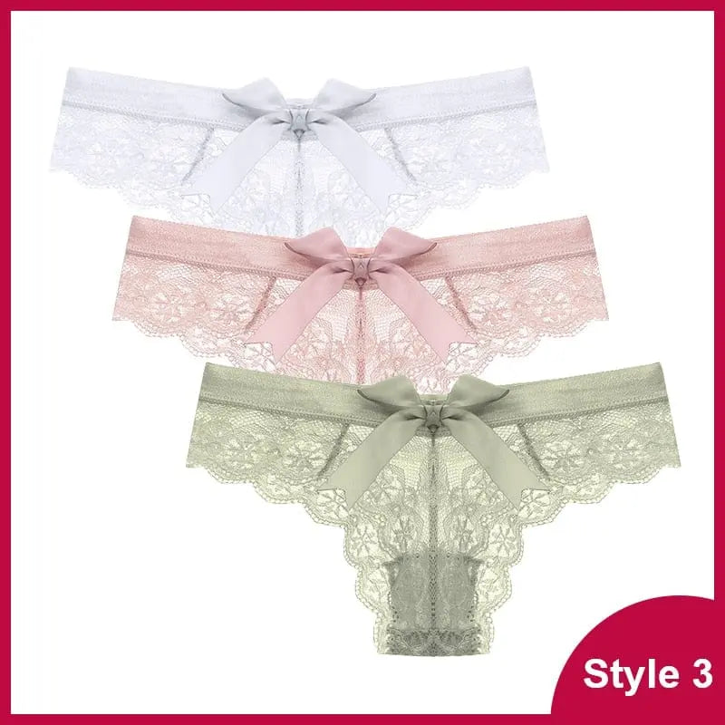 Three 3 Pcs Woman Panties Sexy Lace Thong Underwear in white, pink, and light green, each with a large satin bow at the waistband, are displayed against a white background with "Style 3" text in the bottom right corner.