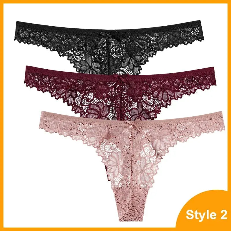 Three low-waist lace thong panties from "3 Pcs Woman Panties Sexy Lace Thong Underwear" in black, burgundy, and light pink are displayed in a row on a white background with an orange border. "Style 2" appears at the bottom right.