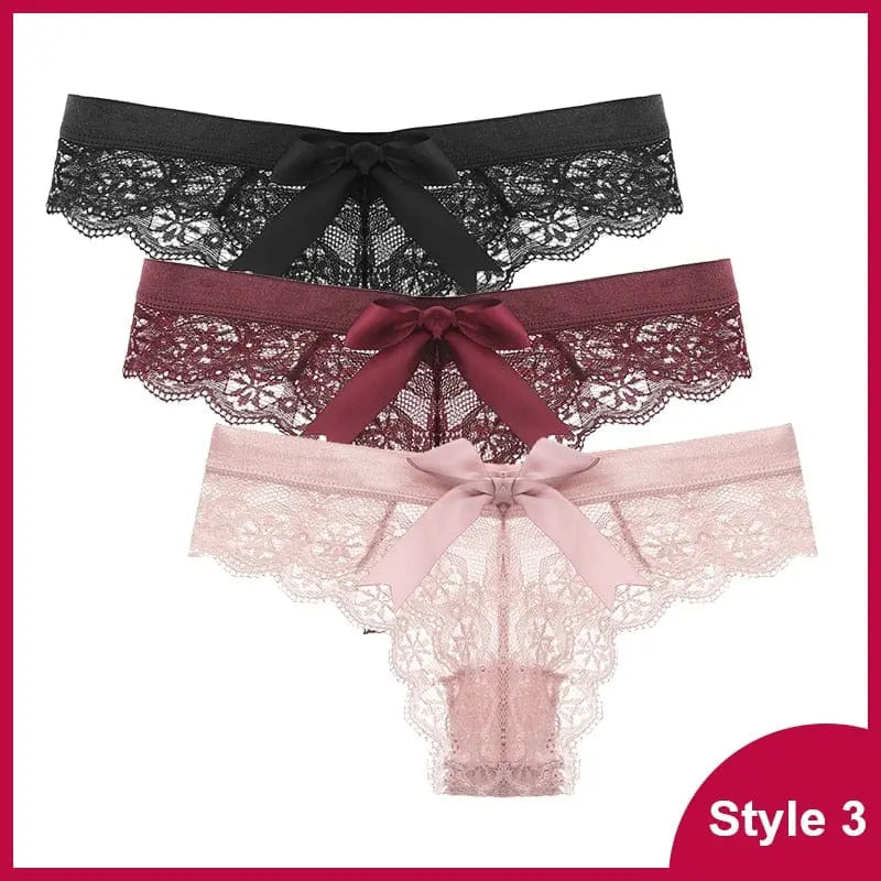 Three pairs of Sexy Lace Thong Underwear (black, burgundy, light pink) from the "3 Pcs Woman Panties" set are stacked on a white background with “Style 3” in the corner. Each features a low waist and decorative front bow.