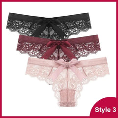 Three pairs of Sexy Lace Thong Underwear (black, burgundy, light pink) from the "3 Pcs Woman Panties" set are stacked on a white background with “Style 3” in the corner. Each features a low waist and decorative front bow.