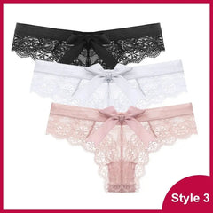 Three low-rise lace panties in black, white, and pink are stacked together. Each features a large satin bow and scalloped edges. Text "3 Pcs Woman Panties Sexy Lace Thong Underwear" appears as Style 3 on a red background.