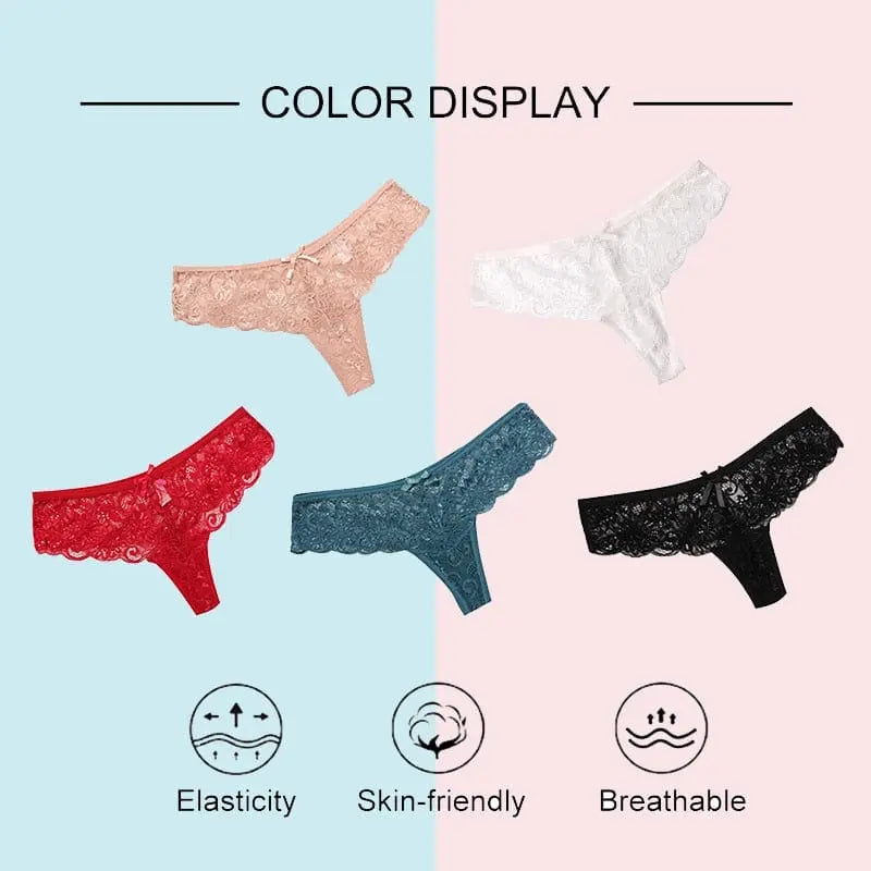 Three sexy lace thong panties in assorted colors are arranged on a split pink and blue background, with icons below showing the elasticity, breathability, and skin-friendly features of these low-waist transparent women's G-string underwear.