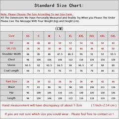 A size chart table for men's suits listing measurements in centimeters for jacket and pants.