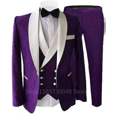 A three-piece purple suit featuring a white shawl lapel jacket, matching vest, and trousers.