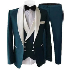 A dark teal three-piece suit featuring a white shawl lapel jacket, matching vest, and trousers.