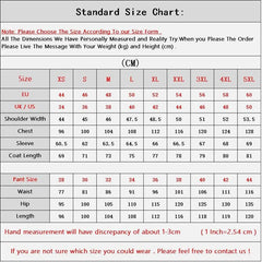 A size chart table for men's suits listing measurements in centimeters for sizes XS to 5XL.