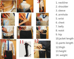 A measurement guide for men's suits showing twelve numbered steps for taking body measurements.