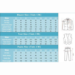 A size chart for a three-piece men's suit showing measurements for the blazer, vest, and pants.