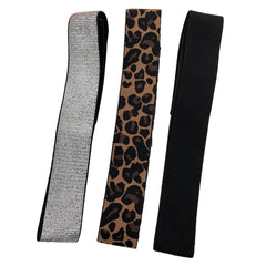 Three elastic wig bands in silver, leopard print, and black colors.