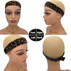 Three wig elastic bands in silver, leopard print, and black shown on a mannequin head.