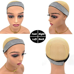 A mannequin head displays a silver elastic wig band used for securing lace edges.