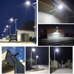 A collage showing solar-powered LED street lights installed on poles and walls in outdoor settings.