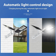 A split solar street light mounted on a wall, shown in both daylight and nighttime modes.