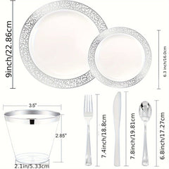 A set of disposable silver-rimmed plastic plates, cups, and cutlery with dimensions labeled.
