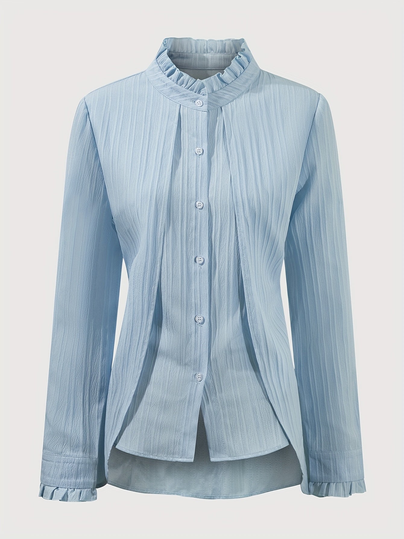 A light blue long-sleeve blouse with a ruffled collar, button-up front, and ruffled cuffs.