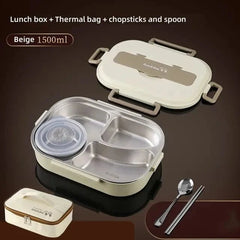 A beige 1500ml stainless steel bento lunch box with a thermal bag, spoon, and chopsticks.