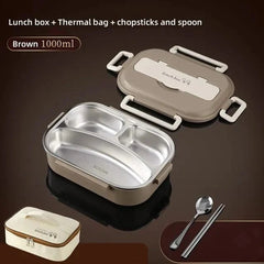 A brown 1000ml stainless steel bento lunch box with a thermal bag, spoon, and chopsticks.