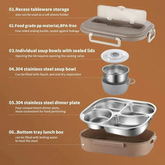 An exploded view of a beige stainless steel bento lunch box with a soup bowl and compartments.