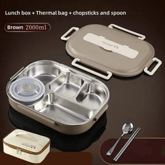A brown stainless steel bento lunch box with a thermal bag, spoon, and chopsticks.
