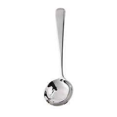 A polished stainless steel soup spoon with a long handle and a deep, round bowl.