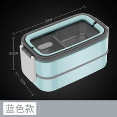A rectangular blue two-layer bento lunch box with a dark grey lid and dimensions of 20 by 12 by 10.5 centimeters.