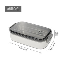 A single-layer white rectangular lunch box with a transparent lid and dimensions of 20 by 11 by 6 cm.