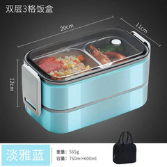 A light blue, two-layer rectangular stainless steel lunch box with three compartments and a carrying bag.