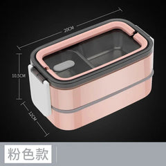A rectangular two-layer pink bento lunch box with a transparent lid and labeled dimensions.