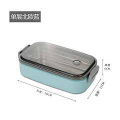 A rectangular single-layer blue lunch box with a transparent lid, measuring 20cm by 11cm by 6cm.