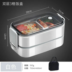 A white two-layer rectangular stainless steel lunch box with three compartments and a matching bag.