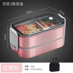 A pink two-layer rectangular stainless steel lunch box with three compartments and a carrying bag.