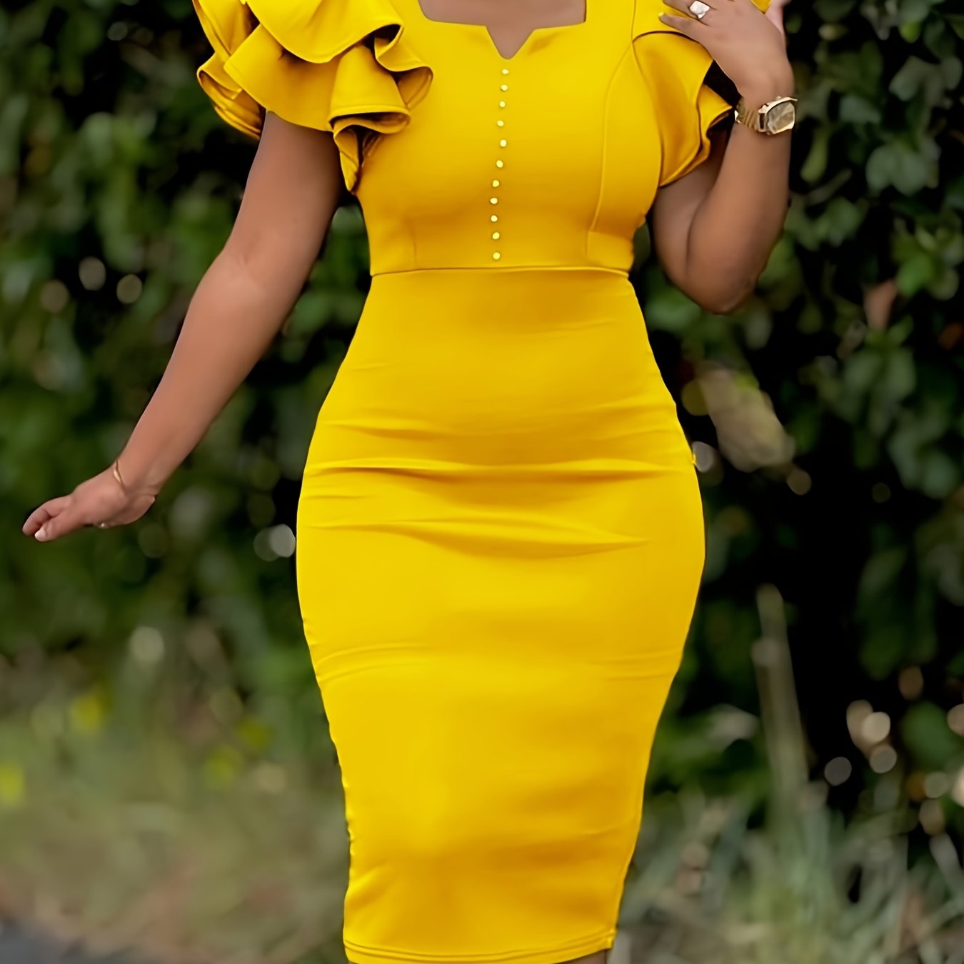 A yellow midi-length bodycon dress featuring a square neckline and ruffled short sleeves.