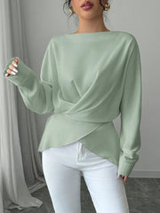 Women'S Elegant Off-Shoulder Long Sleeve Blouse with Front Cross Tie Waist - Soft Green, Ribbed Texture, Perfect for Fall & Winter, Stylish Layering Piece, Allseason Blouse | Offshoulder Top | Ribbed Texture Shirt