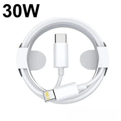 A white USB-C to Lightning charging cable coiled in a circular holder.